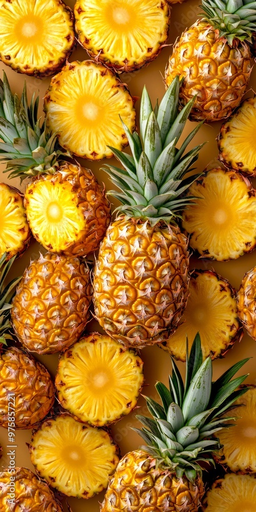 Sticker Vibrant and fresh pineapples scattered on a warm backdrop. The bright colors and textures showcase the juiciness of this tropical fruit. Ideal for food-related projects and culinary displays. AI