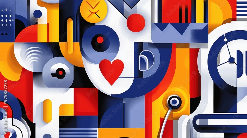 Sticker a colorful abstract painting of a clock, heart and other objects, ai