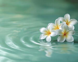 Fototapeta premium A serene scene featuring white plumeria flowers floating on calm turquoise water, creating a peaceful and tranquil atmosphere.