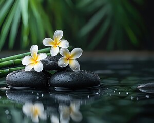Relaxing scene with stones and tropical flowers on water, promoting tranquility and wellness in a serene environment.