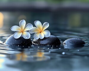 Delicate flowers resting on smooth stones in tranquil water, creating a serene and peaceful natural scene.