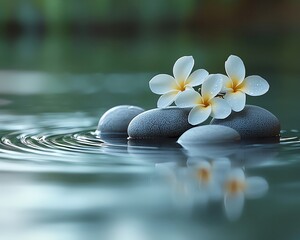 Serene composition of stones and delicate flowers floating on water, evoking peace and tranquility in a natural setting.