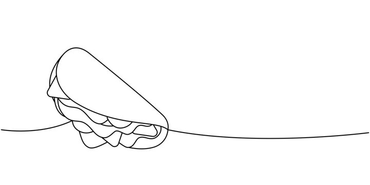 Mexican taco one line continuous drawing. Traditional Mexican street fast food. Vector linear illustration.