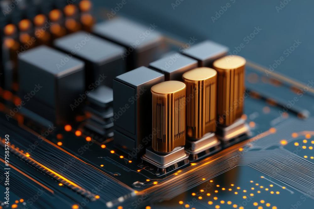 Poster explore a detailed close-up 3d illustration showcasing technology and data science, with selective f