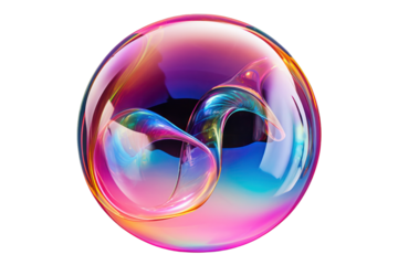 A single large soap bubble reflecting a rainbow of colors in a close-up shot isolated on white background