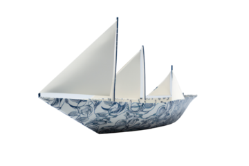 A single handcrafted paper boat with intricate folds and patterns, placed neatly on a smooth white surface,