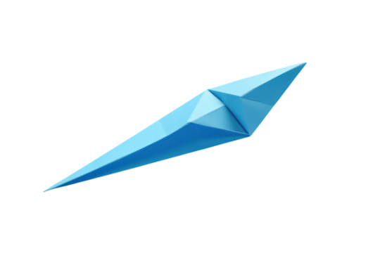 A single blue paper airplane in mid-flight, captured from a side view isolated on white background