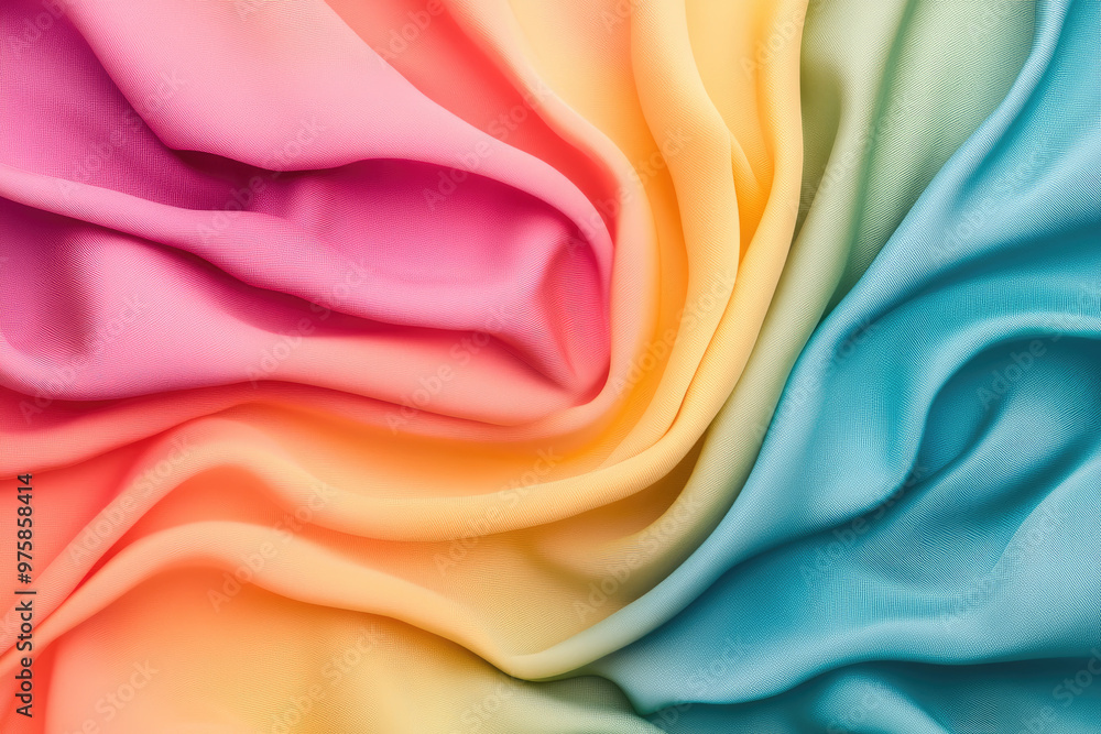 Poster explore a mesmerizing fabric showcasing a dynamic blend of rainbow colors and flowing textures, perf