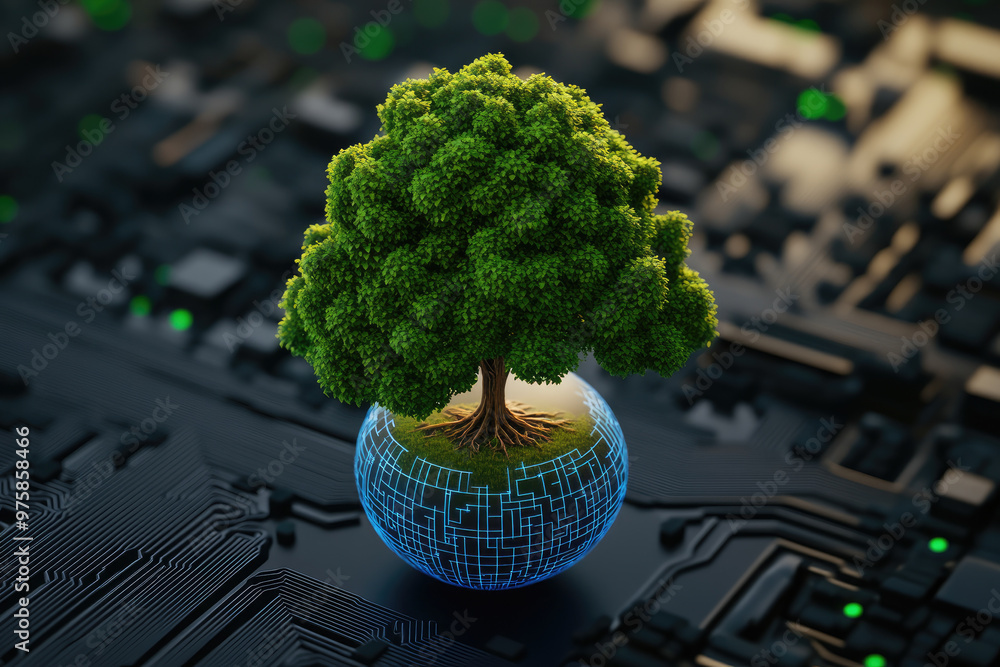 Poster explore the fusion of nature and technology with a tree flourishing on a digital circuit ball, symbo