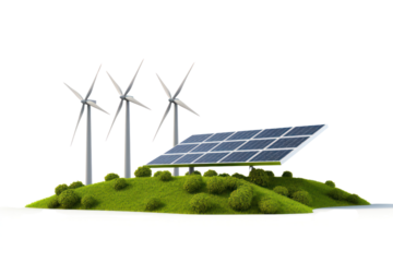 A close-up of a single wind turbine blade alongside photovoltaic panels, illustrating clean energy technology isolated on white background