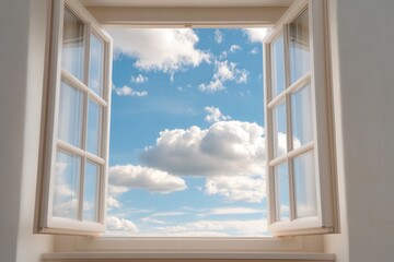 Open window revealing a bright blue sky with fluffy white clouds, inviting a sense of serenity and fresh air into the room.