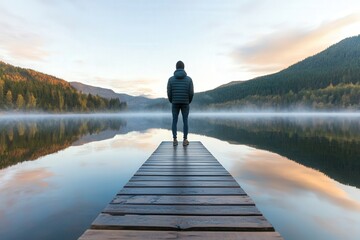 Person standing at the end of a wooden dock, gazing at the calm lake surrounded by mountains and early morning mist.