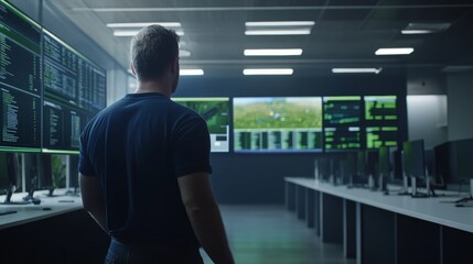 Man Looking at Data on Monitors in a Control Room.