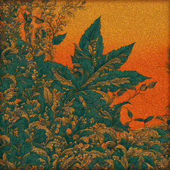 Teal Botanical Foliage with Warm Sunset Background