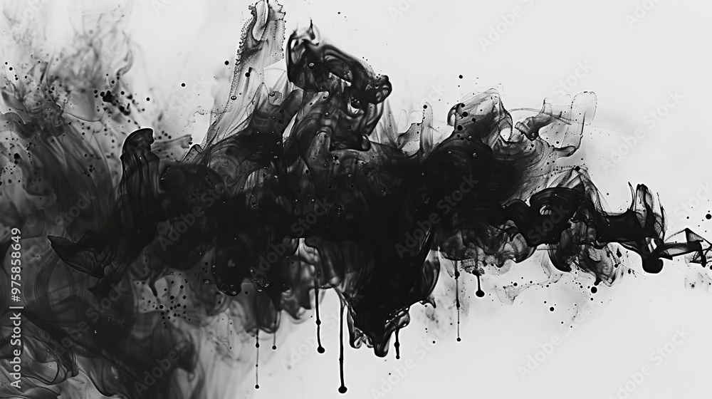 Poster abstract black ink splash with swirling patterns on a white background illustrating creativity and a
