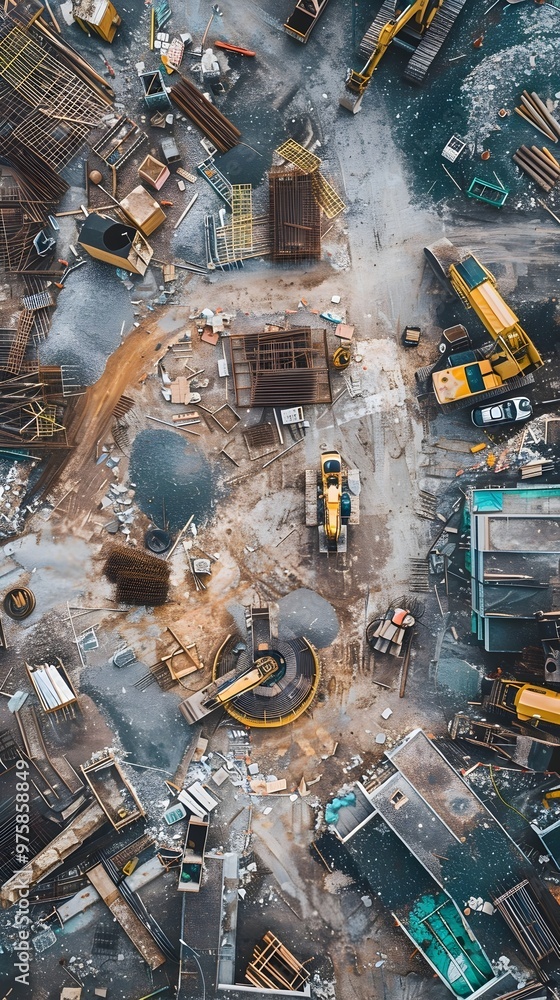 Poster circular construction site using sustainable practices and reclaimed materials aerial view
