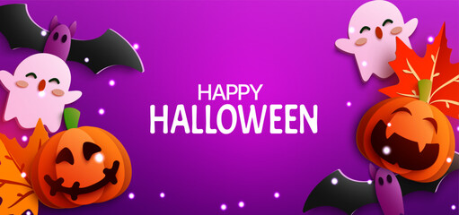 A vibrant Halloween vector illustration featuring pumpkins, ghosts, bats, and leaves in a playful papercut style. Vector Illustration.