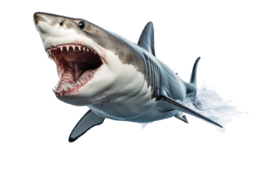 A close-up of a fierce-looking shark with detailed textures on its skin, showing off its sharp teeth and intense gaze. Isolated on white background