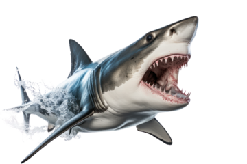 A close-up of a fierce-looking shark with detailed textures on its skin, showing off its sharp teeth and intense gaze. Isolated on white background