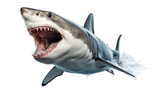 A close-up of a fierce-looking shark with detailed textures on its skin, showing off its sharp teeth and intense gaze. Isolated on white background