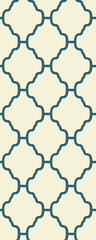 A repeating geometric pattern featuring curved shapes in teal on a light background, suitable for design or decorative purposes.