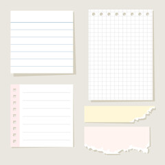 set of blank paper notes, simple pages for memo, reminder and notice. vector, illustration design.