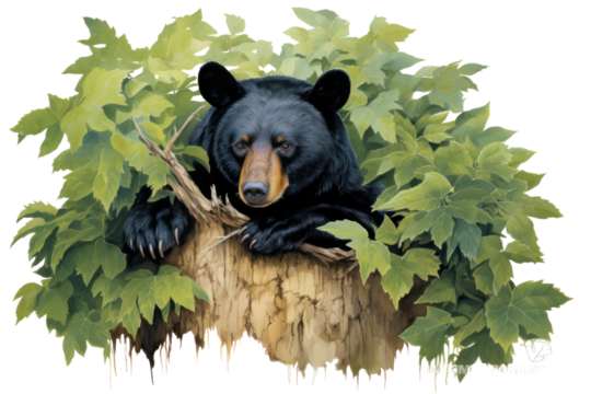 A serene image of a black bear resting against a large tree, with its body partially hidden among the foliage, isolated on white background