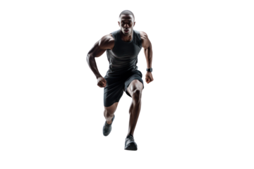 A runner in sportswear sprinting up outdoor stairs, highlighting fitness, strength, and motivation, isolated on white background