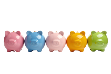 A row of piggy banks in different colors, representing diverse savings options, isolated on white background
