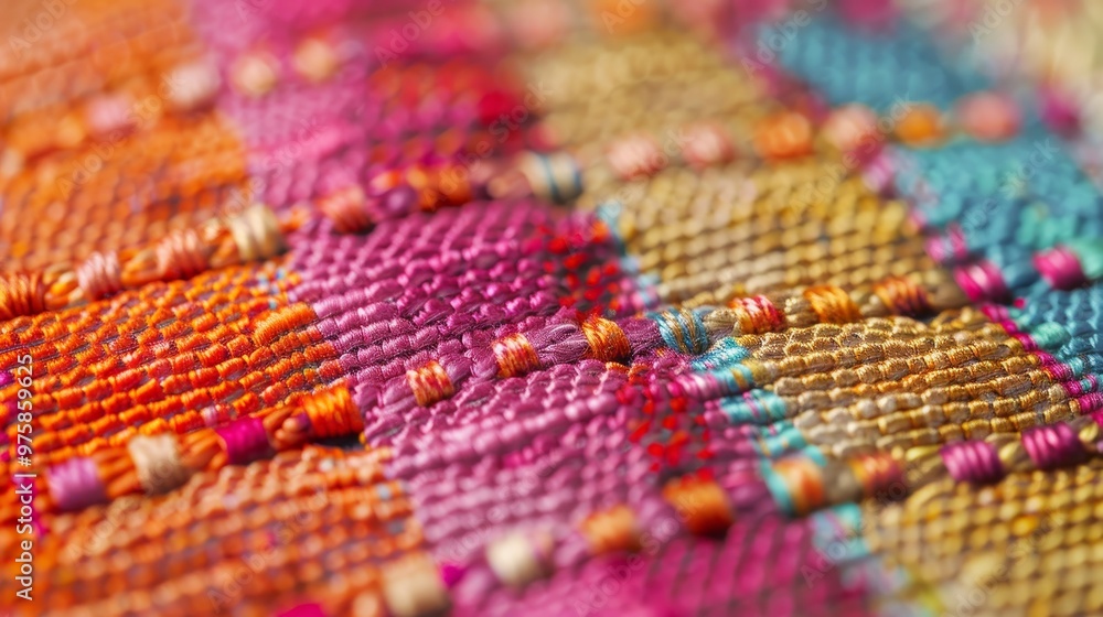 Aufkleber vibrant textile pattern with intricate stitching showcasing colorful threads in a close-up view duri