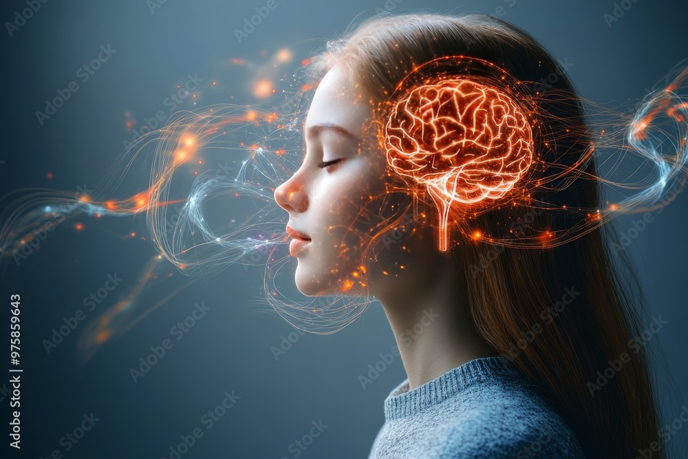 Poster futuristic side profile of a woman with a glowing neural brain network visualized on her head symbol