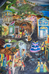 Roman Empire architecture. Megapolis people life original painting. Historical illustration Pompeii. Temples, palace, mansions, cottages, streets markets. Mount Vesuvius before eruption.