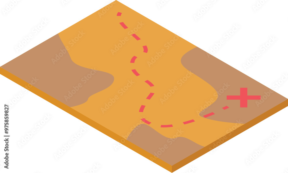 Poster simple isometric treasure map with a red dotted line leading to a red x marks the spot