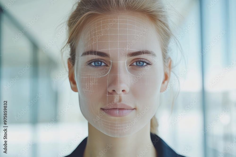 Poster professional portrait of a woman with digital facial recognition grid lines representing modern tech