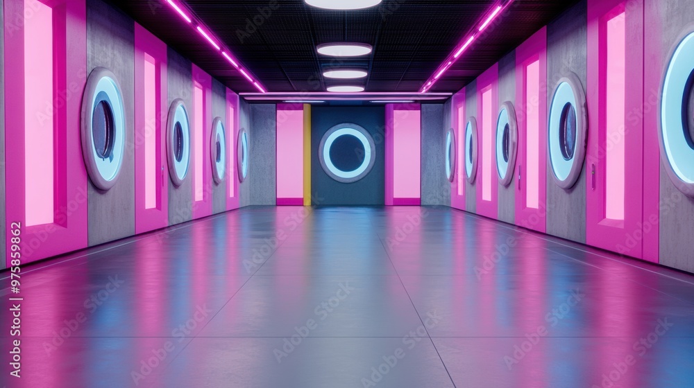 Canvas Prints A hallway with circular windows and neon lights in a building, AI