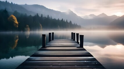 Misty morning over mountain lake with wooden dock extending into water AI generative.