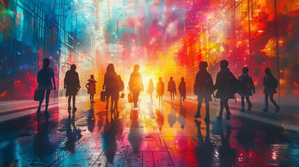 many children students with schoolbag backpacks in school corridor, abstract painting-like neural network ai generated art, picture produced