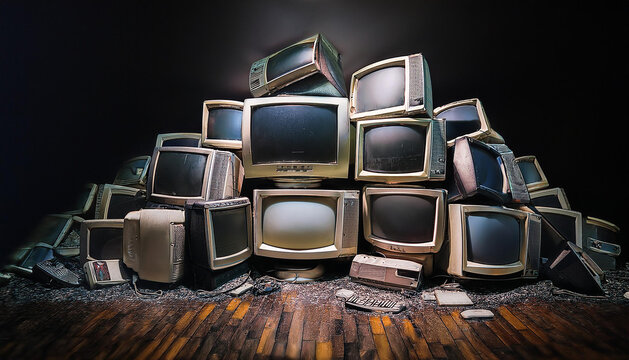 古いブラウン管テレビやコンピュータが山積みになっている様子を描い