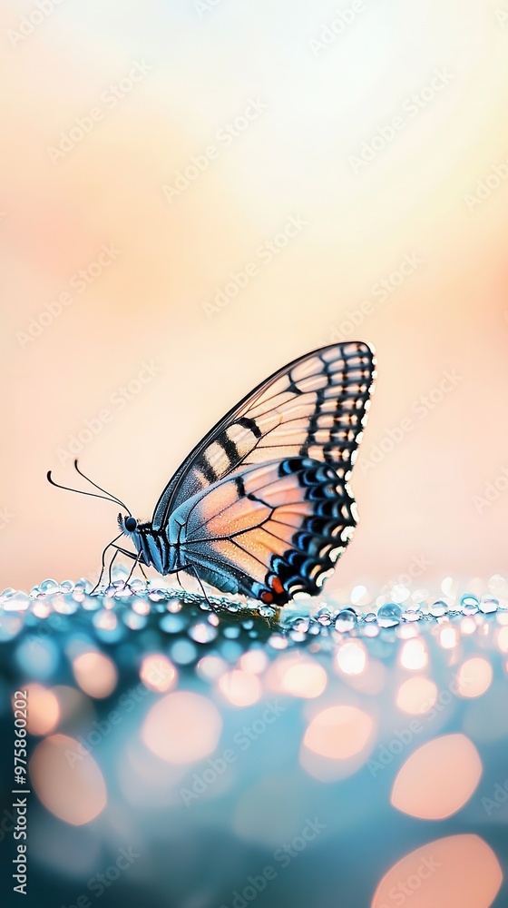 Wall mural butterfly on dewdrops with soft background.