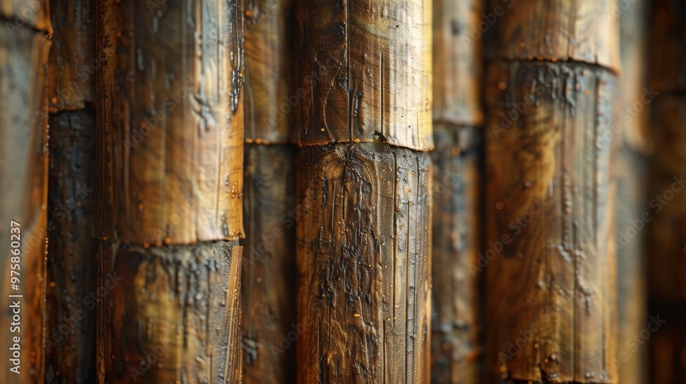 Poster close-up view of textured bamboo stalks arranged vertically in a natural setting showcasing their un