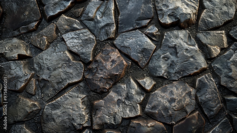 Poster textured arrangement of dark, irregular stones in a natural setting showcasing unique shapes and pat