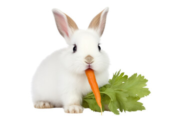 A white rabbit with bright pink eyes hopping isolated on white background