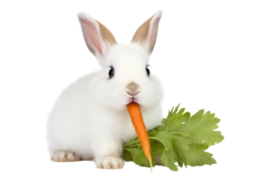 A white rabbit with bright pink eyes hopping isolated on white background
