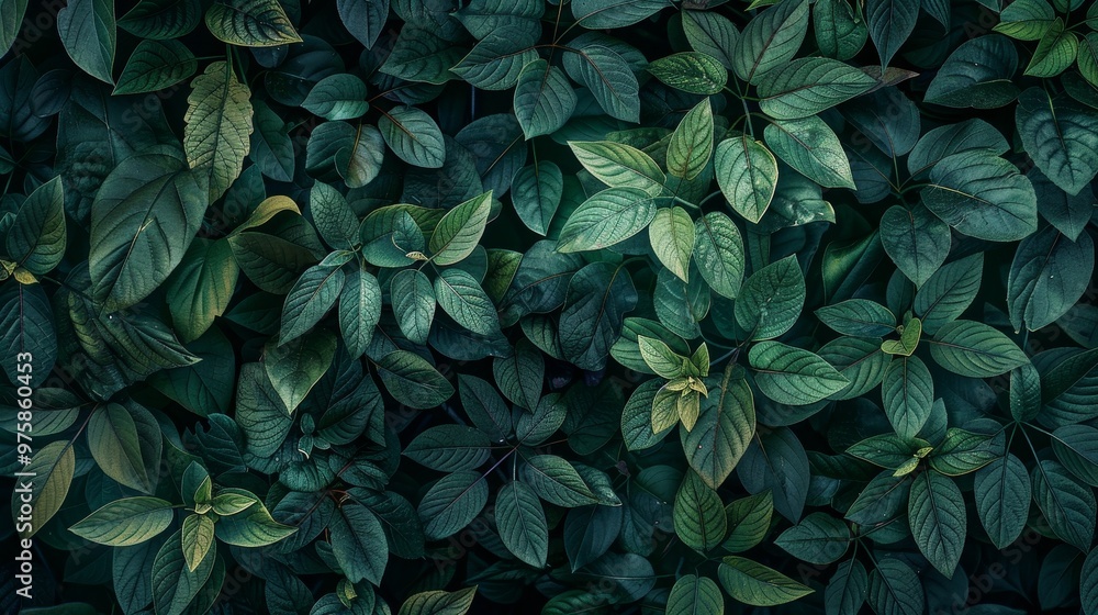 Poster a close-up view of lush green leaves creating a vibrant texture in a natural setting during daylight