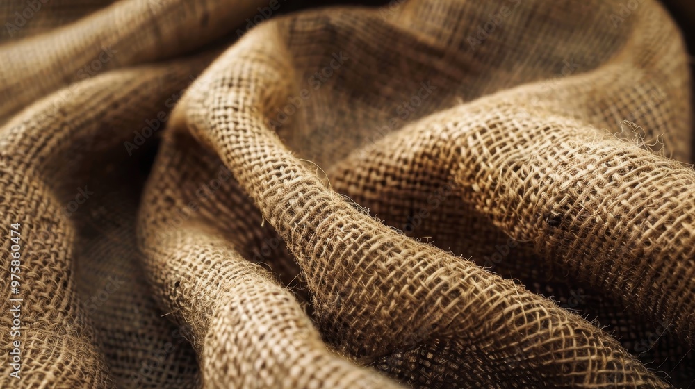 Poster close-up view of textured burlap fabric showcasing natural fibers and intricate weaves under soft li