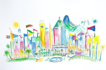 Childish Crayon Drawing of a Colorful Cityscape with Landmarks and Flags – Ideal for Children's Illustration and Educational Content