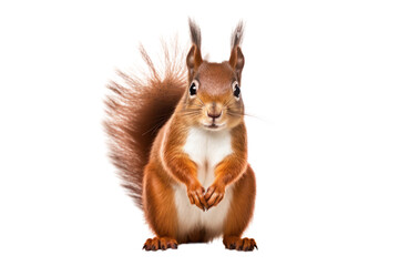 Fototapeta premium A red squirrel standing on its hind legs with its tail curled around its body,, isolated on white background