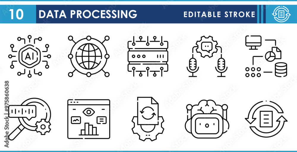 Poster a set of line icons related to data processing. data, server, mining, machine learning, internet, an