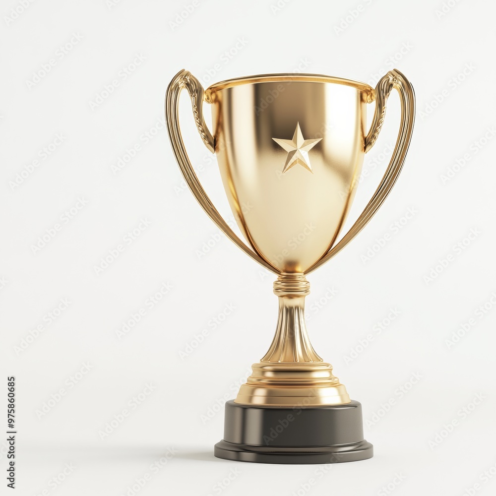 Poster a 3d render of a golden trophy cup with a star symbol on its center, isolated on a white background 