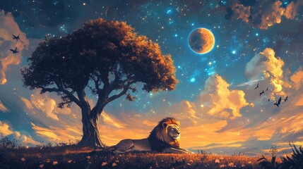 Majestic Lion Under a Starry Sky.
